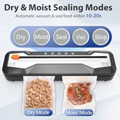 Vacuum Sealer Machine, Automatic Food Vacuum Sealer 5 Modes with 15 Sealer Bags and Built-in Cutter, Compact One-Touch Food Sealer Vac Pack Machine for Sous Vide & Dry Moist Foods, Black