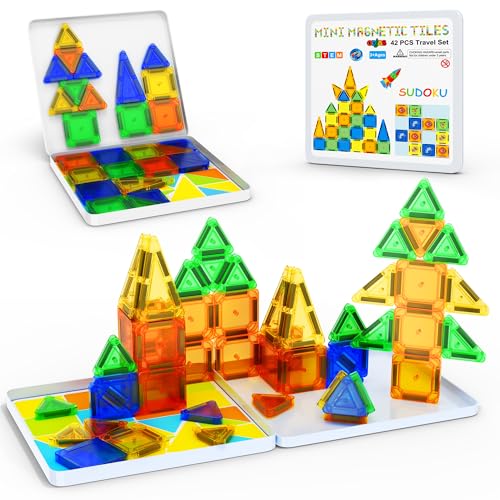 42 Pack Mini Magnetic Tiles Travel Set for Kids