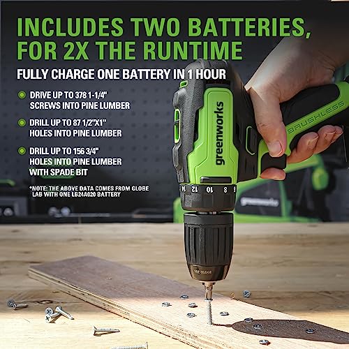 Greenworks 24V Brushless Drill / Driver, 2Ah USB Battery and Charger Included