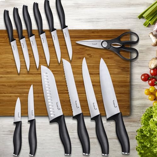 Premium kitchen Chef Knife Set,High Carbon Stainless Steel Ultra Sharp Blade Ergonomic Handle,Block Knife Set with Built-in Sharpener,Elegant Gift for Holiday(Black,15PCS)