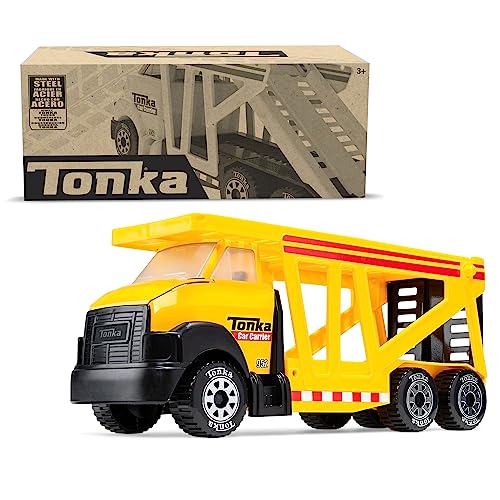 Tonka Steel Classics, Classic Car Carrier – Made with Steel and Sturdy Plastic, Yellow Friction Powered, Boys and Girls, Toddlers Ages 3+, Big Construction Truck, Birthday Gift, Holiday