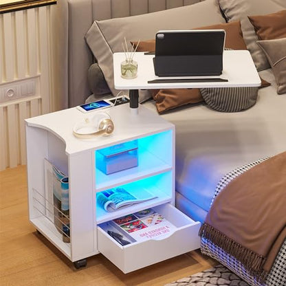 HNEBC LED Nightstand with Wireless Charging Station,White Nightstand Has Adjustable Rotary Table,Bedside Tables with One Drawer and 2 Mezzanines/Infrared Induction 3 Color Lighting (On The Left)