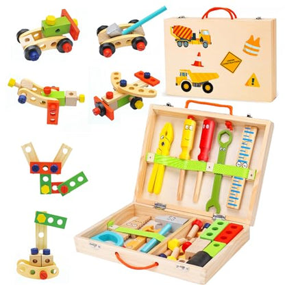 Tool Kit for Kids - 41 Pcs Wooden Toddler Tools Set Include Tool Box & DIY Stickers, Montessori Educational STEM Construction Toys for 2 3 4 5 6 Years Old Boys Girls, Birthday Gift for Kids