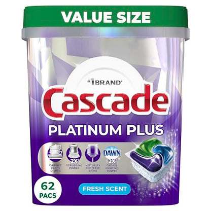 Cascade Platinum Plus ActionPacs Dishwasher Detergent Pods, Fresh, 62 Count
