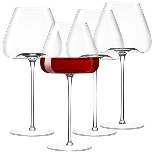 22oz Red and White Wine Glasses Set of 4, Long Stemmed Crystal-clear Drinking Glasses with Unique Concave Base for Better Wine Tasting