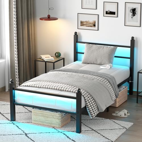 Twin Bed Frame with Headboard, Footboard, Charging Station