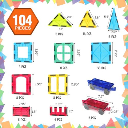 UREC Magnetic Tiles - 104 Pieces Magnetic Blocks for Kids, Magnet Tiles Building Blocks Set with 2 Cars, Construction STEM Toys Gift for Kids Boys 3 4 5 6 7 8 9+ Year Old