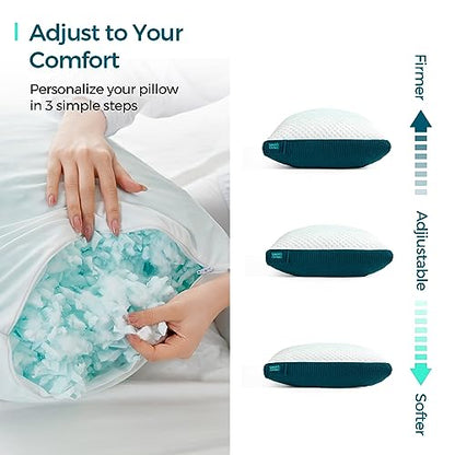 LINSY LIVING Shredded Memory Foam Pillow, Gel Infused Pillow with Tencel™ Washable Cover, Adjustable Firm Bed Pillows for Back, Stomach, Side Sleepers, CertiPUR-US & Oeko-TEX Certified, Queen