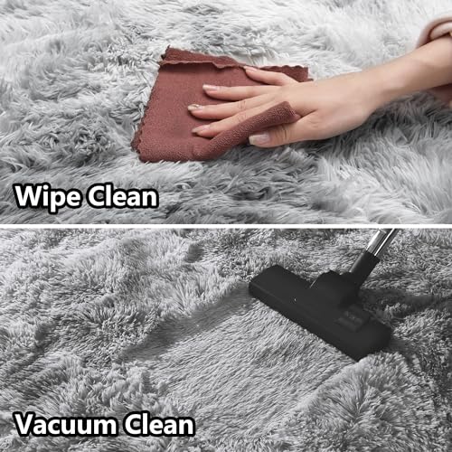 Awaytail Fluffy Rug Non Slip 4x6 Feet, Grey Tie-dye Soft Rugs for Bedroom, Light Grey Super Soft Plush Rug for Living Room