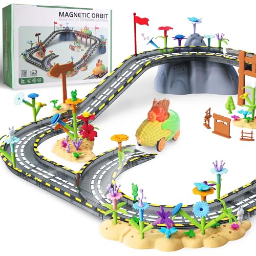 153 Piece Magnetic Tiles Road and Track Building Set