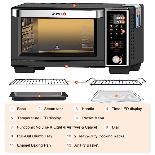 WHALL Toaster Oven Air Fryer, Max XL Large 30-Quart Smart Oven,11 function Toaster Oven Countertop with Steam Function,12-inch Pizza,6 slices of Toast, 4 Accessories Included, Stainless Steel /1700W