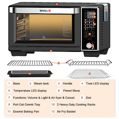 WHALL Toaster Oven Air Fryer, Max XL Large 30-Quart Smart Oven,11 function Toaster Oven Countertop with Steam Function,12-inch Pizza,6 slices of Toast, 4 Accessories Included, Stainless Steel /1700W