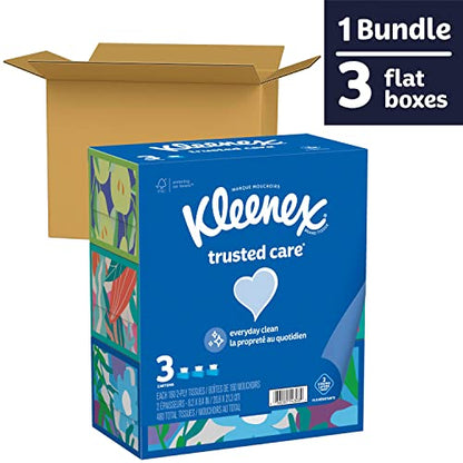 Kleenex Trusted Care Facial Tissues, 3 Flat Boxes, 160 Tissues per Box, 2-Ply (480 Total Tissues), Packaging May Vary
