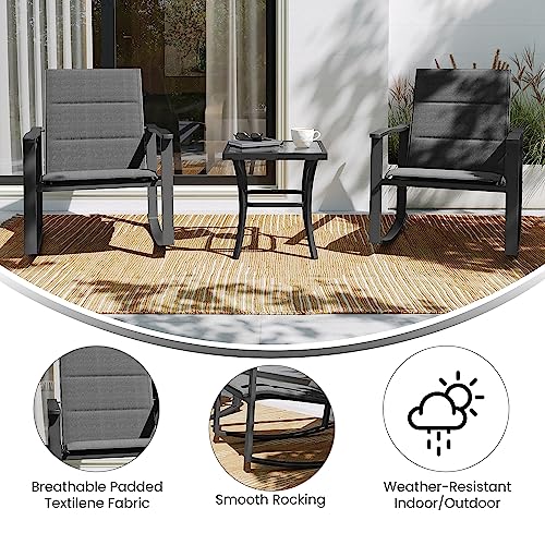 Flash Furniture Brazos 3 Piece Outdoor Rocking Chair Bistro Set with Flex Comfort Material and Metal Framed Glass Top Table, Black/Black