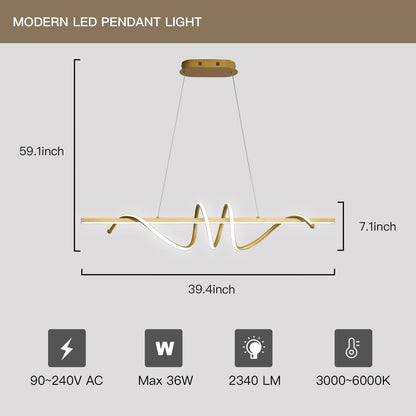 Modern LED Pendant Lighting,LED Chandelier Linear Wave Light Fixture,Contemporary Dimmable with Remote Max 35W LED Hanging Light Fixture for Living Room Dining Room Kitchen Island,3000K-6500K Gold