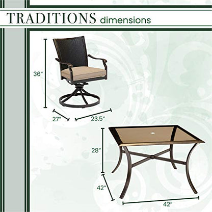 Hanover Traditions 5-Piece Outdoor Dining Set, All-Weather Patio Dining Set for 4 with Cushioned Wicker Back Cast Aluminum Swivel Rocker Chairs and 42" Glass-Top Table for Patio, Backyard, Deck, Porch