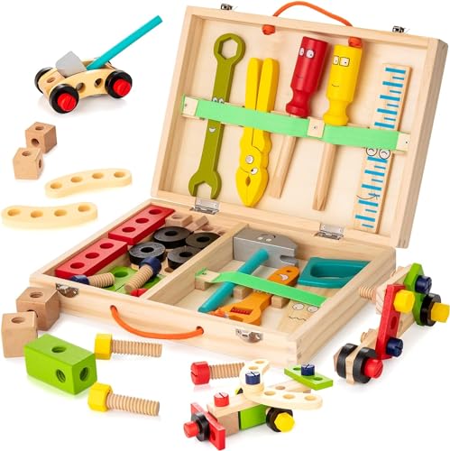 Tool Kit for Kids - 41 Pcs Wooden Toddler Tools Set Include Tool Box & DIY Stickers, Montessori Educational STEM Construction Toys for 2 3 4 5 6 Years Old Boys Girls, Birthday Gift for Kids