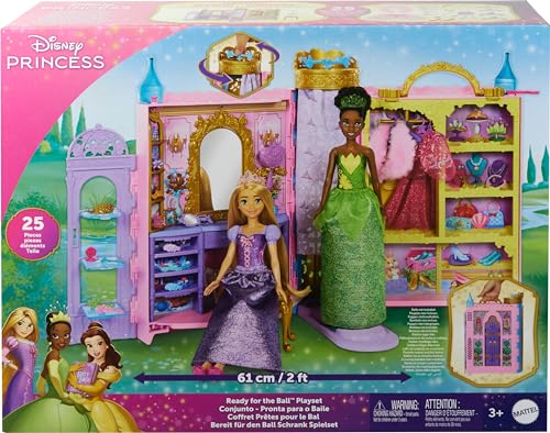 Mattel Disney Princess Toys, Doll Closet Playset with 2 Fashions, 25 Accessories, Vanity, Dressing Room, Runway & Storage, Opens to 2 Feet, Movie-Inspired