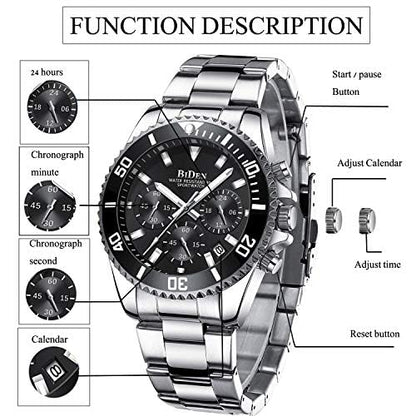 BIDEN Men's Waterproof Chronograph Watch Black Steel