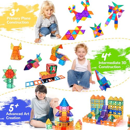 UREC Magnetic Tiles - 104 Pieces Magnetic Blocks for Kids, Magnet Tiles Building Blocks Set with 2 Cars, Construction STEM Toys Gift for Kids Boys 3 4 5 6 7 8 9+ Year Old