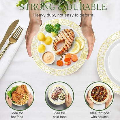 GreenElevate Easter Plastic Plates, 300 Pieces Disposable Plates for 50 Guests: 50 Dinner Plates, 50 Dessert Plates, 50 Cups, 50 Gold Plastic Silverware, Disposable Party Plates Set