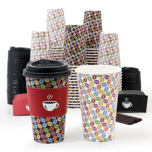100 Pack 16oz Paper Coffee Cups with Lids and Sleeves