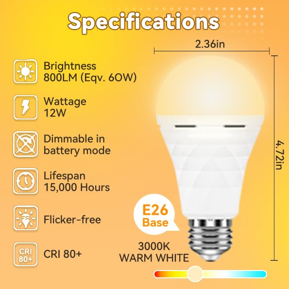 Rechargeable Emergency Light Bulbs - 2600mAh Backup