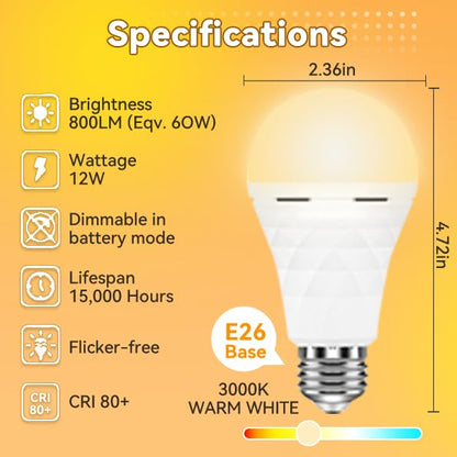 Rechargeable Emergency Light Bulbs - 2600mAh Backup