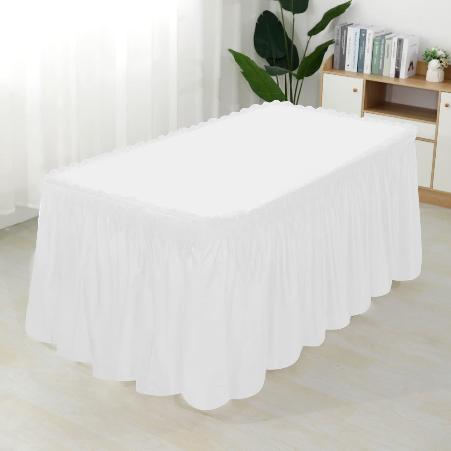 JHDZDHY 3 Packs 54x108inch Plastic Tablecloth and 3 Packs 14FT Plastic Table Skirt,Disposable Rectangle Tablecloth Set Disposable Table Covers for Wedding, Party, Baby Shower (White)