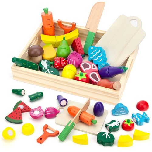Wooden Cutting Play Food Set for Kids Kitchen