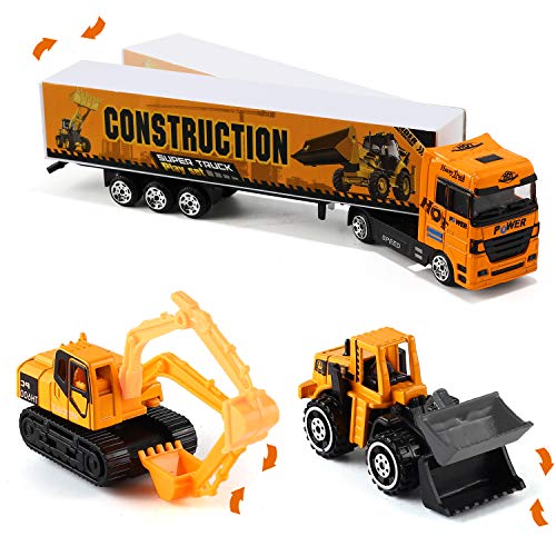 19 in 1 Construction Truck with Engineering Worker Toy Set, Mini Die-Cast Engine Car in Carrier Truck, Double Side Transport Vehicle Play for Child Kid Boy Girl Birthday Christmas Party Favors