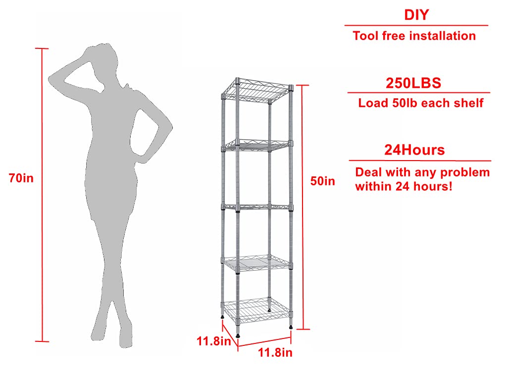 GIOTORENT 5 Tier Standing Shelving Metal Units, Adjustable Height Wire Shelf Display Rack for Laundry Bathroom Kitchen 11.8 W x 11.8 D x 50 H (5-Tier, Silver)