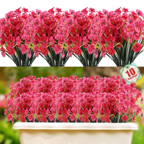 Powbrace 10 Bundles Artificial Flowers Outdoor, Faux Flowers UV Resistant with Plastic Plants, Faux Silk Flowers for Outdoors Outside Front Porch Hanging Planter Window Box Garden Decoration(Rose Red)