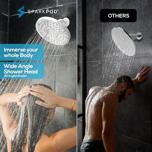 SparkPod Shower Head - High Pressure Rain - Premium Quality Luxury Design - 1-Min Install - Easy Clean Adjustable Replacement for Your Bathroom Shower Heads (8" Round, White Marble)
