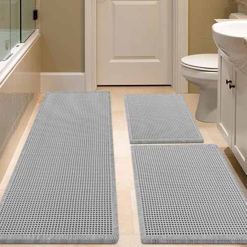 3 Piece Waffle Weave Non Slip Bath Mat Set