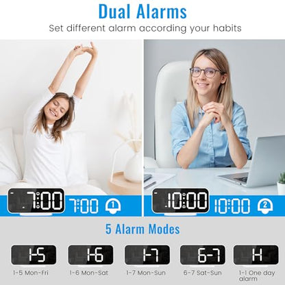 Alarm Clocks for Bedrooms, Slim LED Mirror Digital Alarm Clock, Large Display with Diming Mode, Dual Alarms & USB Ports, 4 Levels Brightness, Modern Decoration for Home Living Room Decor, White