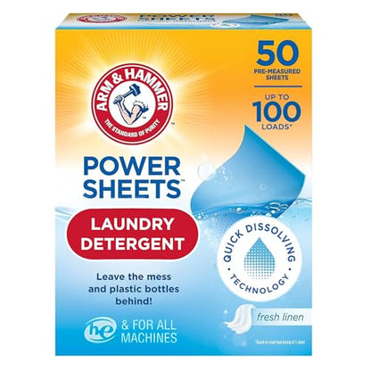 Arm & Hammer Power Sheets Laundry Detergent, Fresh Linen 50ct, up to 100 Small Loads (Packaging may vary)