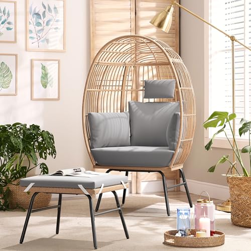 YITAHOME Outdoor Egg Chair with Footrest, Patio Wicker Basket Chair with 2-in-1 Ottoman, Indoor Egg Chairs with Stand & Cushion Cocoon Chair for Bedroom, Outside, Balcony (Grey)