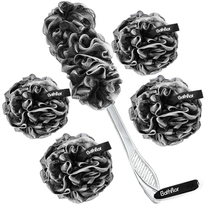 Bathflor Shower Loofah Sponge Exfoliating Body Scrubber: 4PCS Extra Large 80g Soft Mesh Luffa Poufs, 1PCS Long Handle Back Scrubber, 1PCS Lufa Hook, Charcoal Loofa for Women & Men Bath Wash (Black)