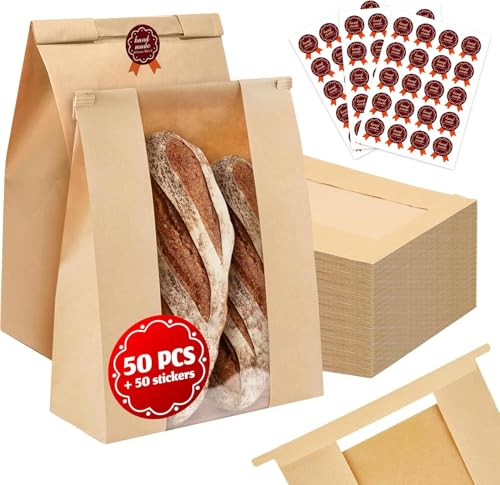 50 Pack Kraft Paper Bread Bags with Window