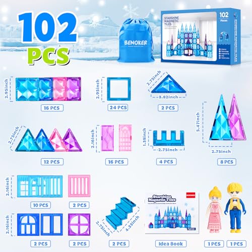 BENOKER 102pcs Frozen Castle Magnetic Tiles - 3D Diamond Building Blocks, STEM Educational Kids Toys for Pretend Play, 3 4 5 6 7 8 Year Old Girl Birthday Gifts for Your Princess and Prince