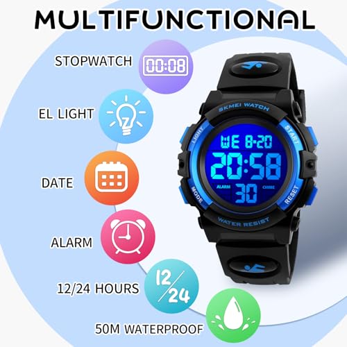 Dayllon Boys Watch Digital Outdoor Sport Waterproof Kids Watches 12/24H Alarm 7 Colorful Stopwatch Military Child Wristwatch for 3-8 Year Old 1266 Small Blue