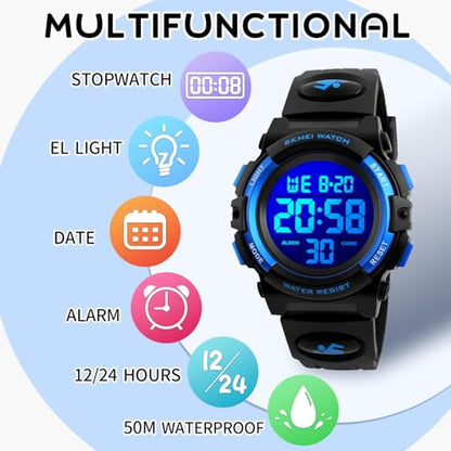 Dayllon Boys Watch Digital Outdoor Sport Waterproof Kids Watches 12/24H Alarm 7 Colorful Stopwatch Military Child Wristwatch for 3-8 Year Old 1266 Small Blue