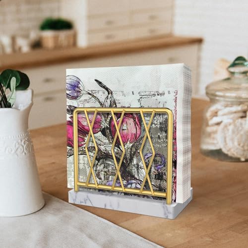 LWSFF Napkin Holder for Table, Elegant Marble Standing Napkin Dispenser for Kitchen Dining Modern Cocktail Picnic Bar, Metal Tissue Holders for kitchen Suitable for All Dining Room Decors Gold