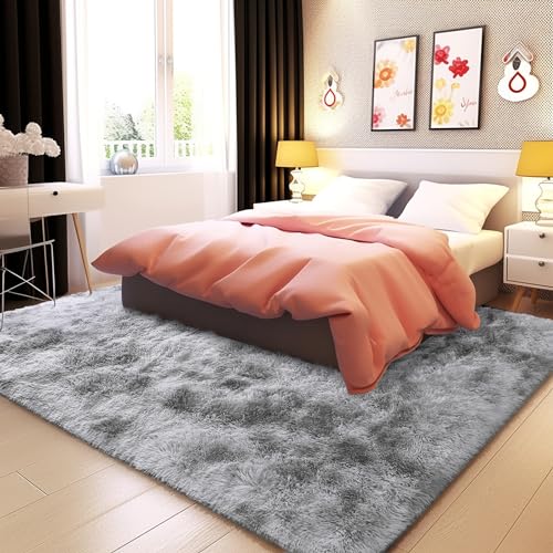 Awaytail Fluffy Rug Non Slip 4x6 Feet, Grey Tie-dye Soft Rugs for Bedroom, Light Grey Super Soft Plush Rug for Living Room