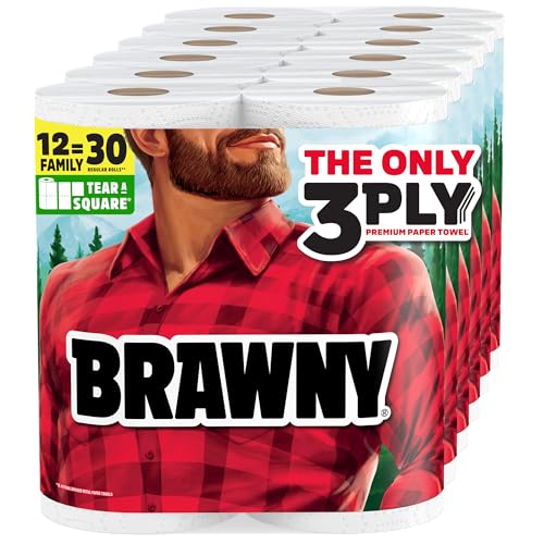 12 Family Roll Brawny Tear-A-Square 3-Ply Paper Towels (= 30 Regular Rolls)