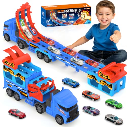 Toddler Race Track Car Carrier Truck Toy with 6 Cars