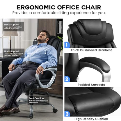 COMHOMA Executive Office Chair, Comfy Desk Chair with Back Support Bonded Leather Computer Gaming Chair with Wheels and Headrest, Height Adjustable Tilt Swivel Rolling Reclining Seat, Black