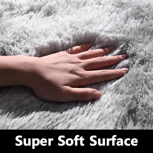Awaytail Fluffy Rug Non Slip 4x6 Feet, Grey Tie-dye Soft Rugs for Bedroom, Light Grey Super Soft Plush Rug for Living Room