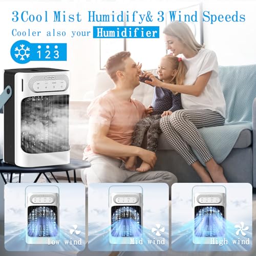 Portable Air Conditioners,charmega Personal Air Conditioners,Portable AC 3in1 Air Cooler with 900ML Water Tank 3 Cool Mist,3 Wind Speed,7 LED Lights,2-8H Timer Air Conditioner Portable for Room,Office